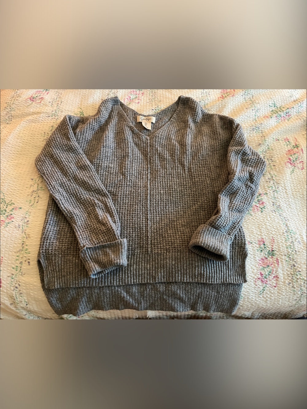 Jessica Simpson Gray Waffle Knit Scoop Neck Sweater
